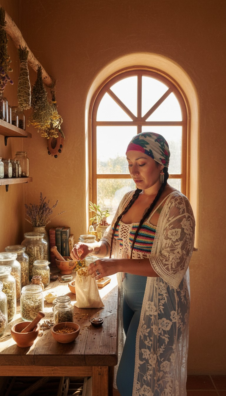Handmade terracotta pottery with fresh sage, rosemary, yarrow and marigold in warm window light